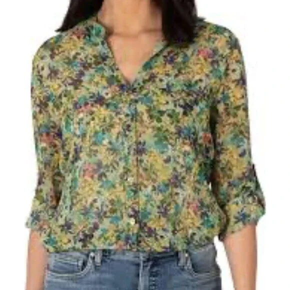 KUT from the Kloth Size M Semi-sheer Button-down Shirt Ruffle Cuff Blouse Floral - Picture 3 of 3
